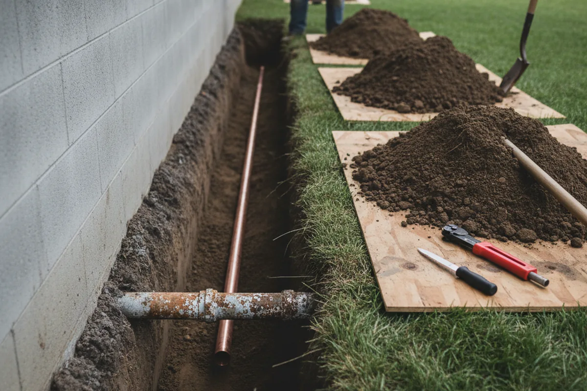 Excavated water line trench during Water Heater Repair in Ambridge
